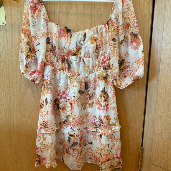 EUC Shien Flowy & Floral Chiffon Mini Dress with Puffy Half Sleeves - Picture 3 of 4
